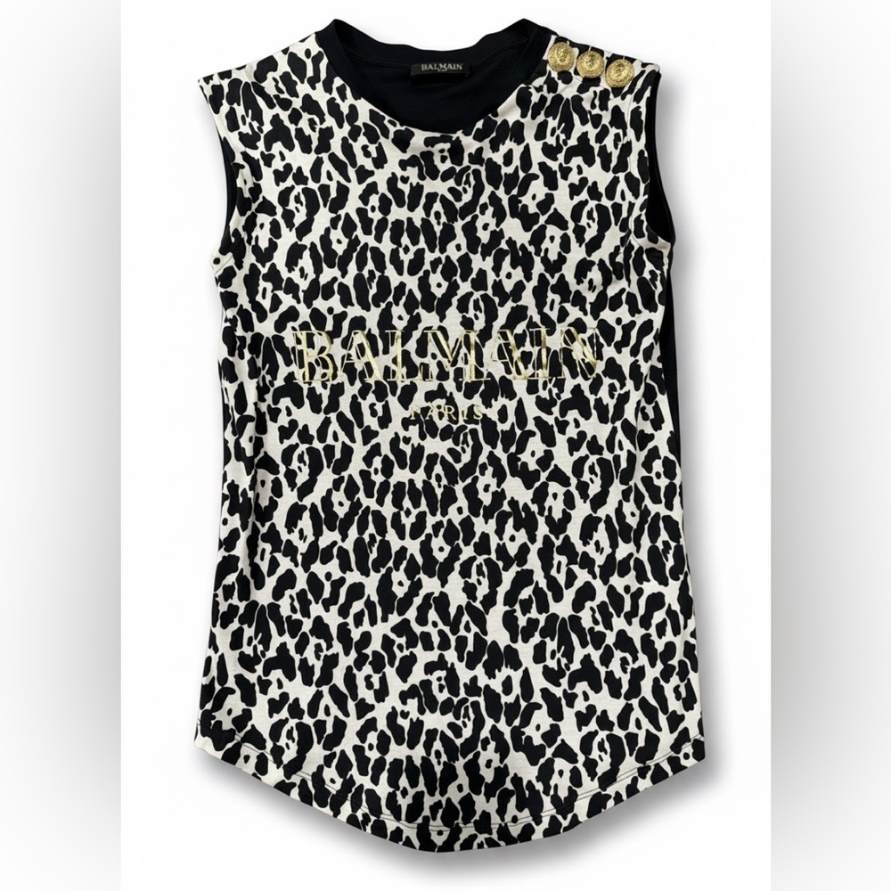 Balmain Black and White Animal Print Muscle Tee